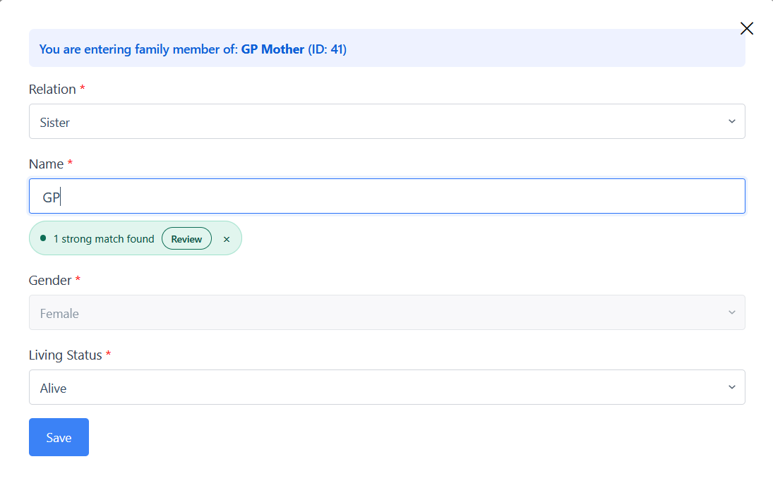 Name match found — Review button