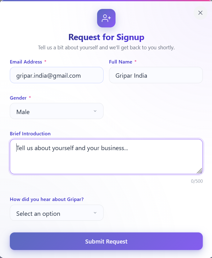 Request for Signup form